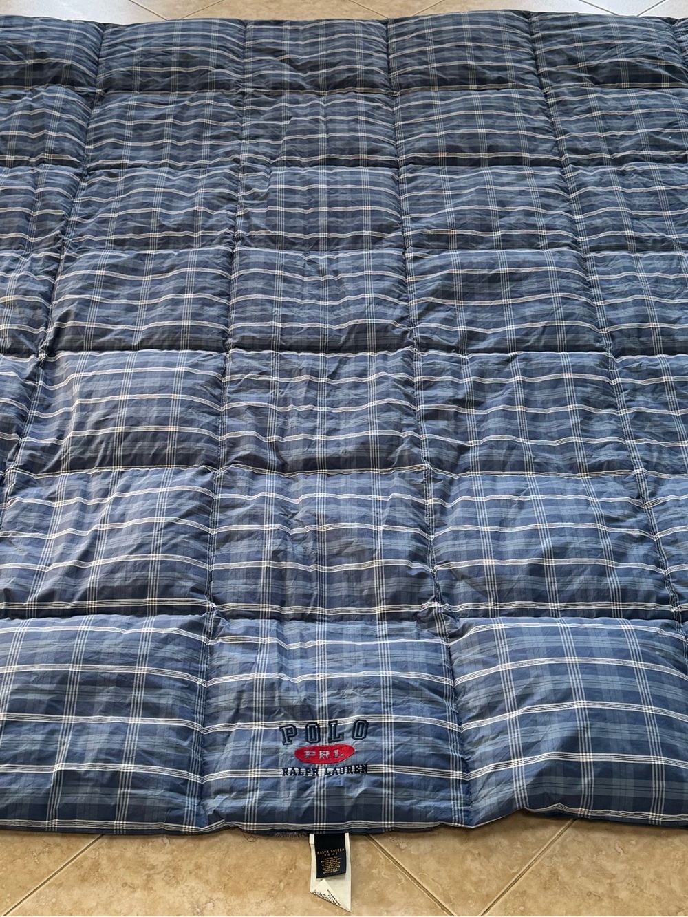 Polo Ralph Lauren King Down Comforter ONLY Reversible Plaid Navy Red Logo Cotton